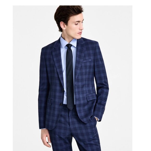 Hugo by Hugo Boss Men's Modern-Fit Wool Plaid Suit Jacket - Navy Plaid Size 38S - Picture 1 of 4